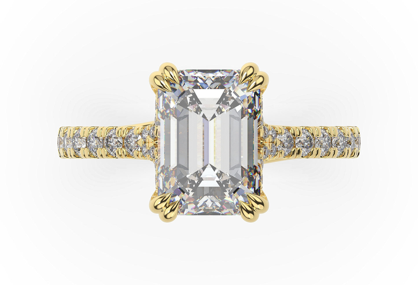 Emerald Yellow Gold Claw Set Hidden Halo Style Engagement Ring