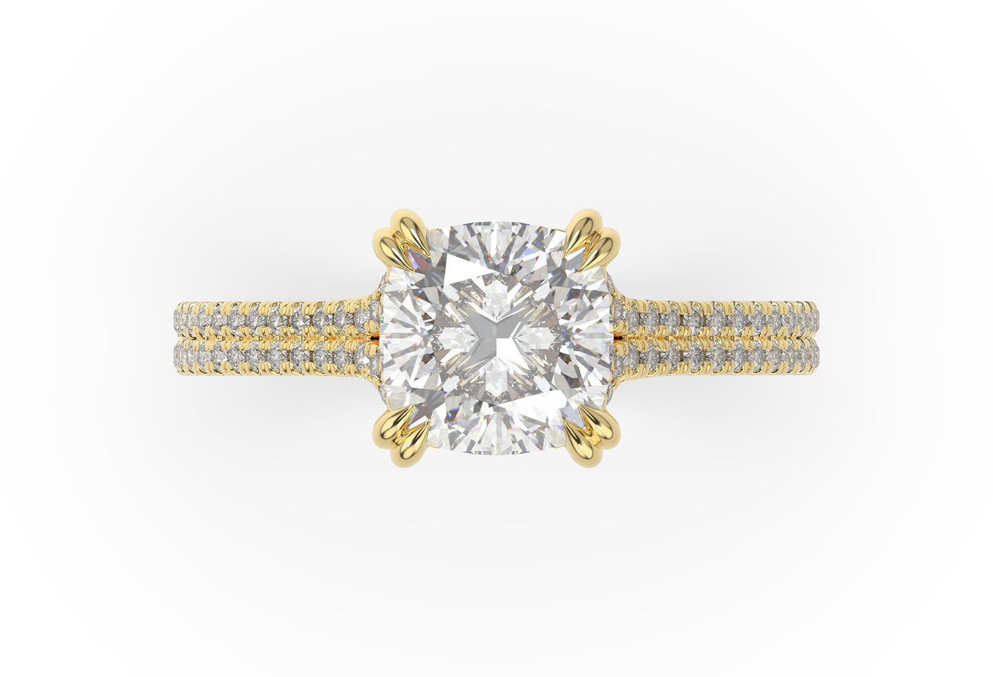 Cushion Yellow Gold Double Pave Hidden Halo Style Engagement Ring