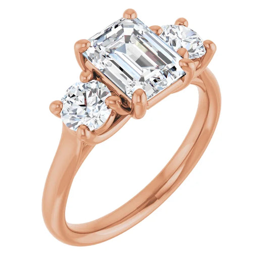 Emerald Rose Gold Tri Stone Lab Diamond Engagement Ring
