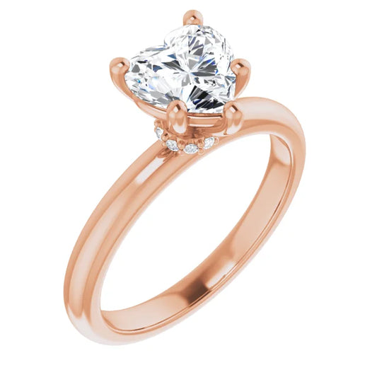 Heart Cut Rose Gold Low Hidden Halo Solitaire Engagement Ring