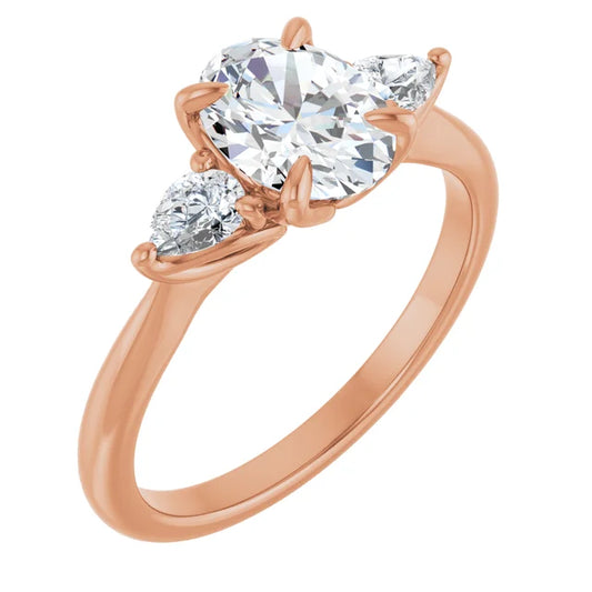 Oval Rose Gold Tri -Stone Style Pear Accent Engagement Ring