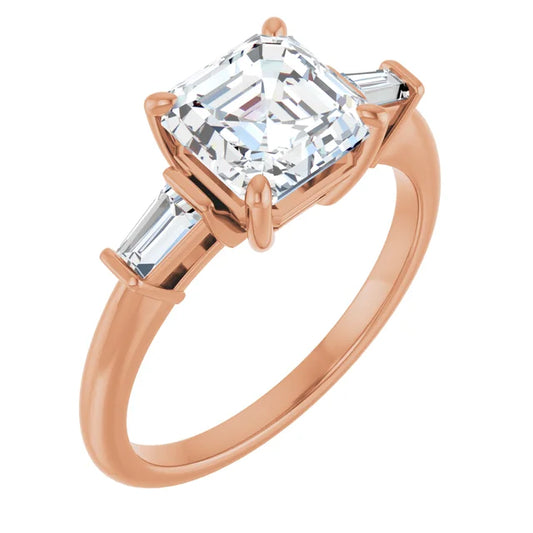 Asscher Rose Gold Baguette Accent Lab Diamond Engagement Ring