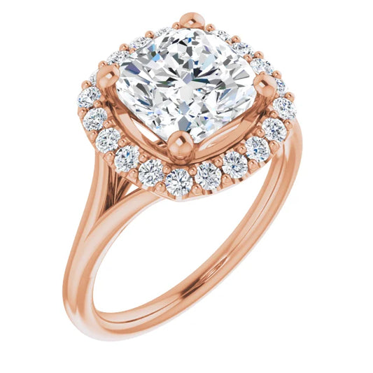 Cushion Rose Gold Halo Solitaire Split Band Lab Diamond Engagement Ring