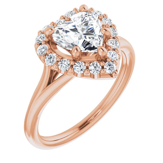 Heart Rose Gold Halo Solitaire Split Band Lab Diamond Engagement Ring