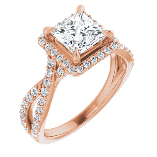Princess Rose Gold Twist Band Halo Lab Diamond Engagement Ring