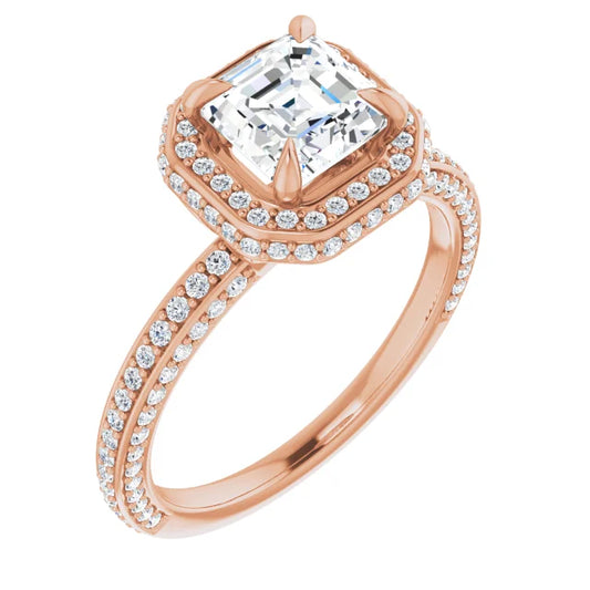 Asscher Rose Gold Halo Pave Style Lab Diamond Engagement Ring