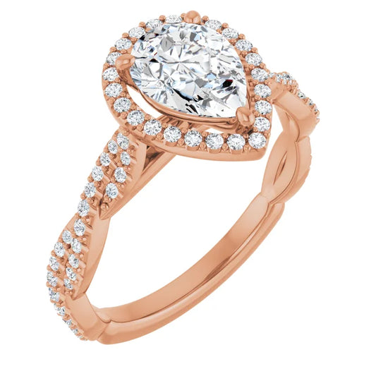 Pear Rose Gold Halo Twist Pave Moissanite Engagement Ring