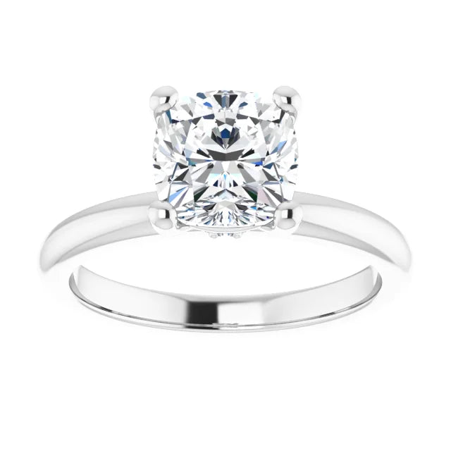 Cushion Cut Low Hidden Halo Solitaire Engagement Ring