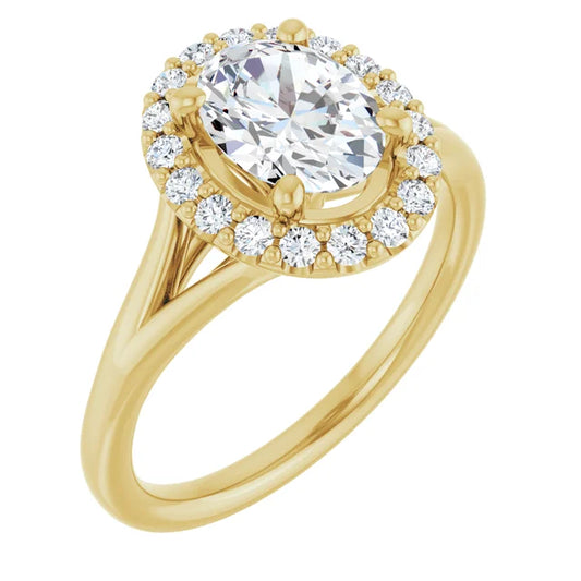 Oval Yellow Gold Halo Solitaire Split Band Lab Diamond Engagement Ring