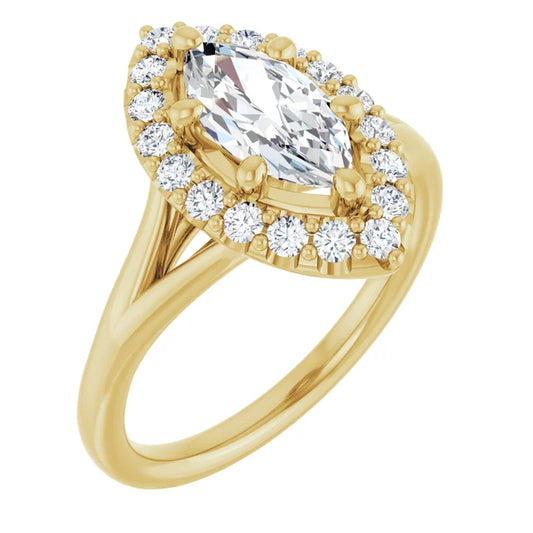 Marquise Yellow Gold Halo Solitaire Split Band Lab Diamond Engagement Ring