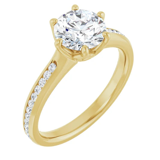 Round Brilliant Yellow Gold Six Claw Channel Set Lab Diamond Engagement Ring