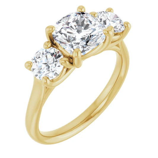 Cushion Yellow Gold Tri Stone Lab Diamond Engagement Ring
