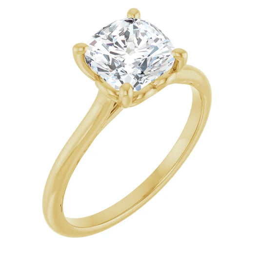 Cushion Yellow Gold Four Claw Solitaire Lab Diamond Engagement Ring