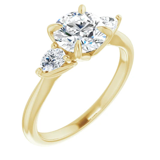 Round Brilliant Yellow Gold Tri -Stone Style Pear Accent Engagement Ring