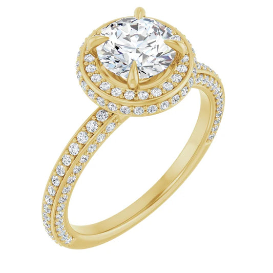 Round Brilliant Yellow Gold Halo Pave Style Lab Diamond Engagement Ring