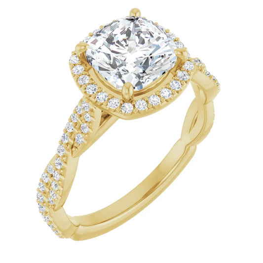 Cushion Yellow Gold Halo Twist Pave Moissanite Engagement Ring