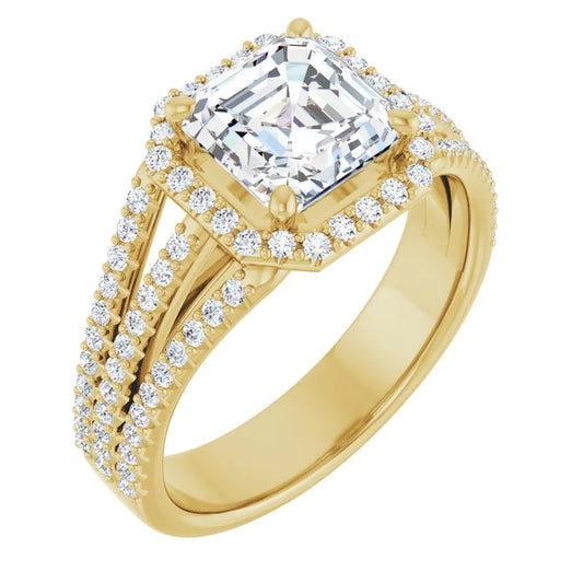 Asscher Yellow Gold Halo Style Engagement Ring