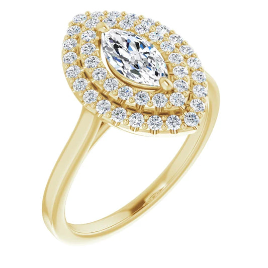 Marquise Yellow Gold Double Halo Solitaire Lab Diamond Engagement Ring