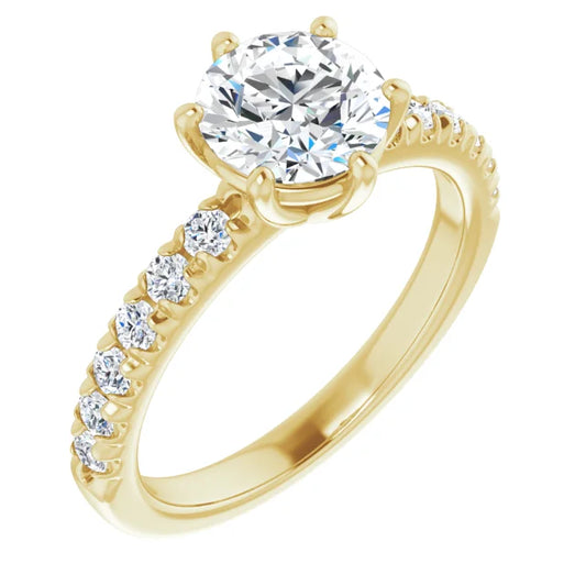 Round Brilliant Six Claw Pave Yellow Gold Engagement Ring
