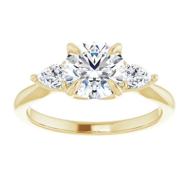 Round Brilliant Yellow Gold Tri -Stone Style Pear Accent Engagement Ring