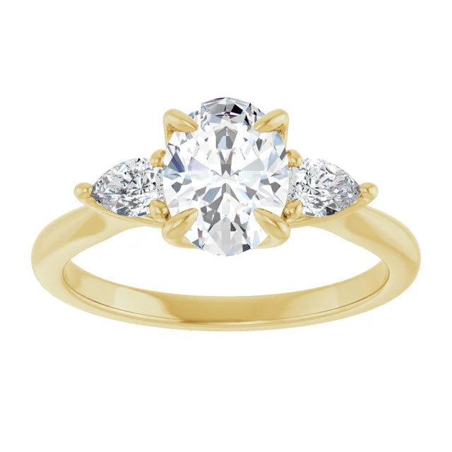 Oval Yellow Gold Tri -Stone Style Pear Accent Engagement Ring