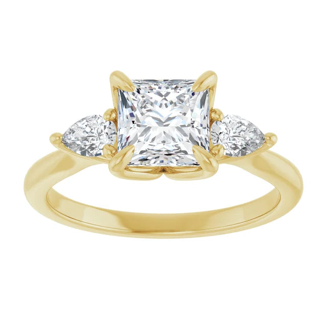 Princess Yellow Gold Tri -Stone Style Pear Accent Engagement Ring