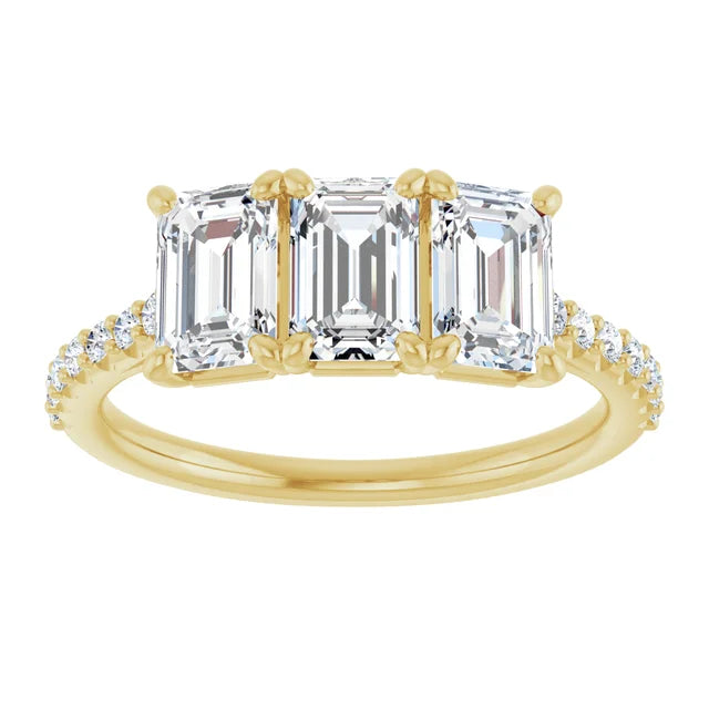 Emerald Yellow Gold Tri Stone Lab Diamonds Engagement Ring