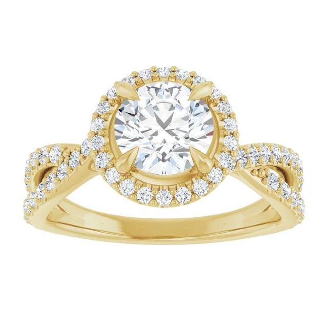 Round Brilliant Yellow Gold Twist Band Halo Lab Diamond Engagement Ring