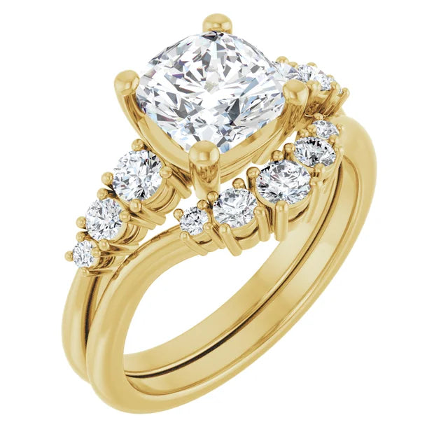 Cushion Yellow Gold Multi Stone Accent Style Engagement Ring