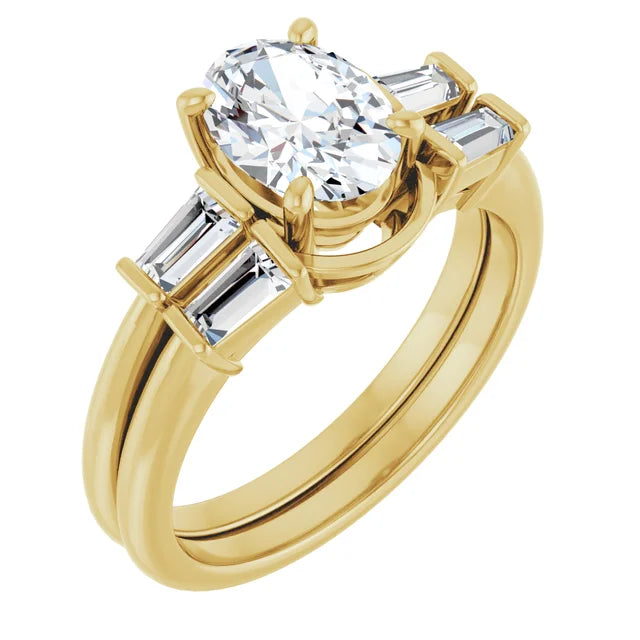Oval Yellow Gold Baguette Accent Lab Diamond Engagement Ring