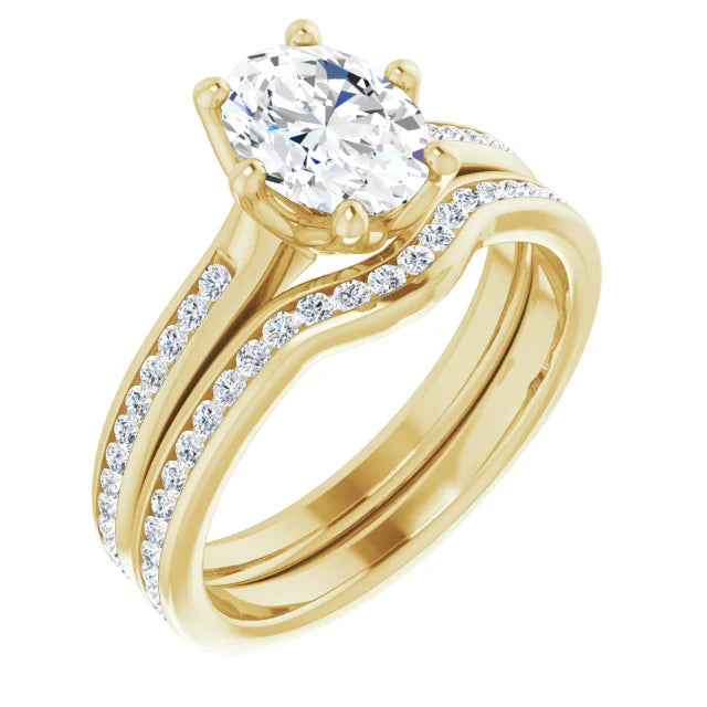 Oval Yellow Gold Six Claw Channel Set Lab Diamond Engagement Ring