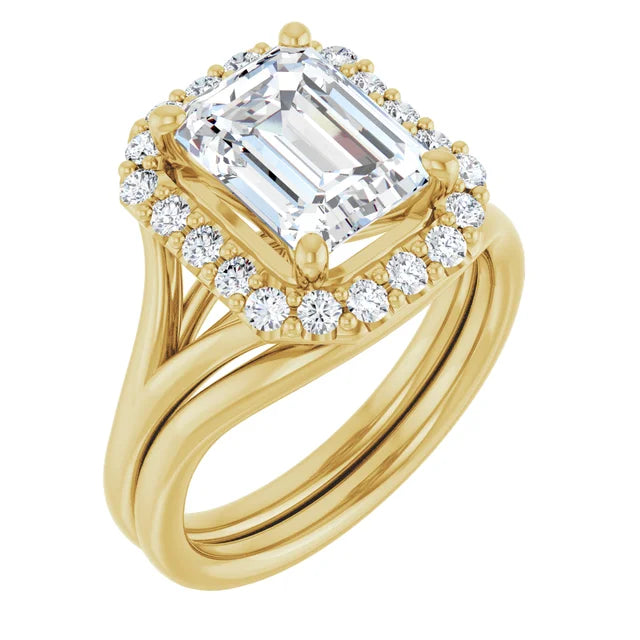Emerald Yellow Gold Halo Solitaire Split Band Lab Diamond Engagement Ring