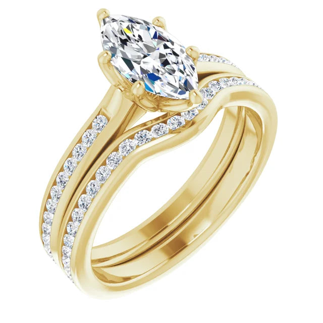 Marquise Yellow Gold Six Claw Channel Set Lab Diamond Engagement Ring