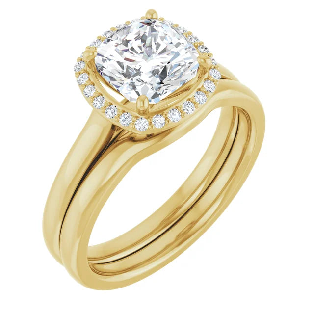 Cushion Halo Solitaire Lab Diamond Engagement Ring Yellow Gold.
