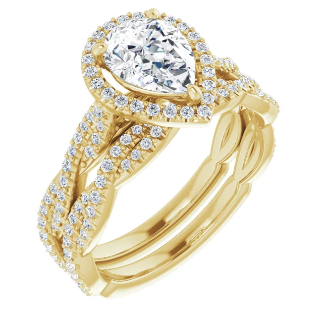 Pear Yellow Gold Halo Twist Pave Moissanite Engagement Ring