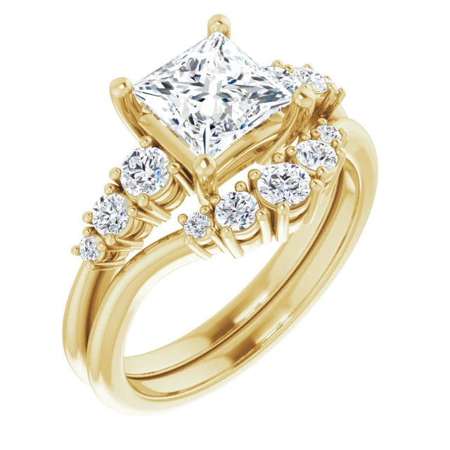 Princess Yellow Gold Multi Stone Accent Style Engagement Ring