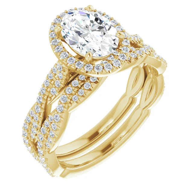 Oval Yellow Gold Halo Twist Pave Moissanite Engagement Ring