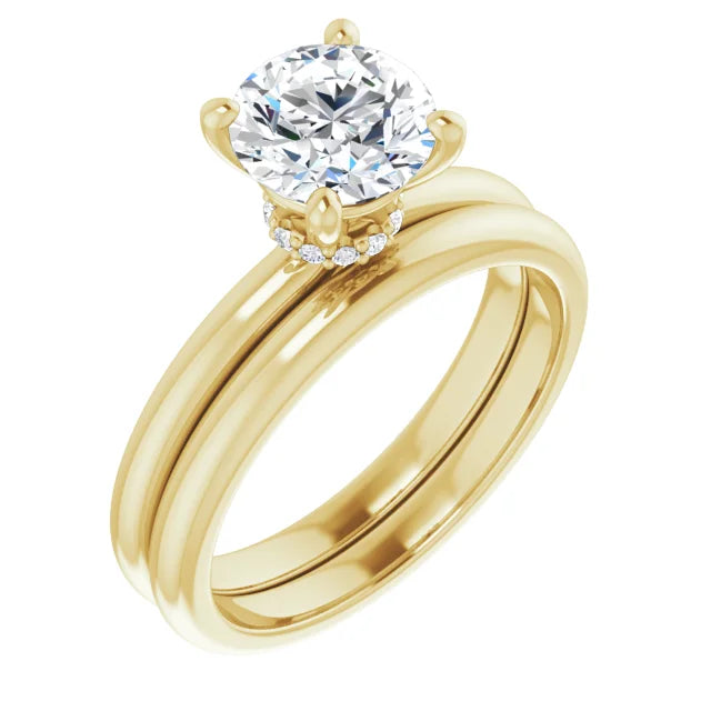 Round Brilliant Cut Yellow Gold Low Hidden Halo Solitaire Engagement Ring