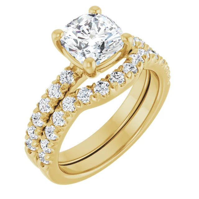 Cushion Four Claw Pave Yellow Gold Engagement Ring