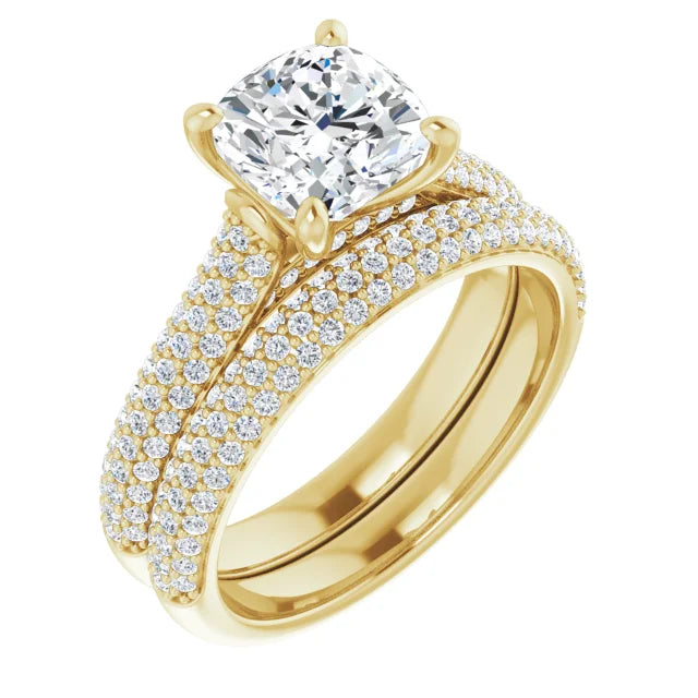Cushion Yellow Gold Pave Lab Diamond Engagement Ring