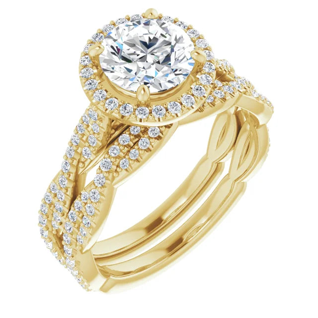 Round Brilliant Yellow Gold Halo Twist Pave Moissanite Engagement Ring