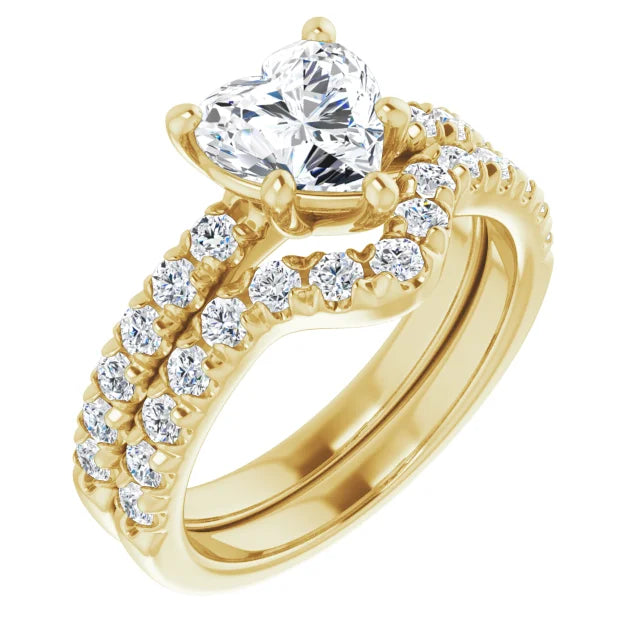 Heart Five Claw Pave Yellow Gold Engagement Ring