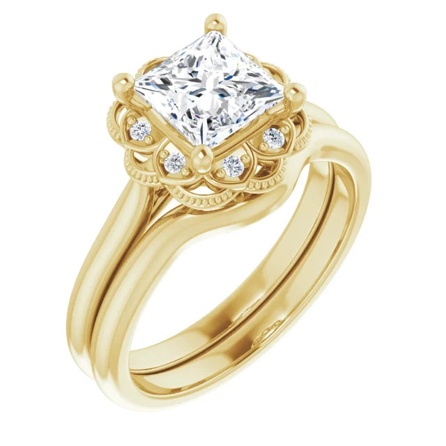 Princess Yellow Gold Antique Inspired Design Engagement Ring