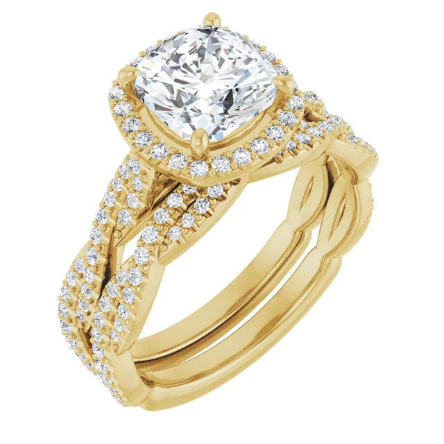 Cushion Yellow Gold Halo Twist Pave Moissanite Engagement Ring
