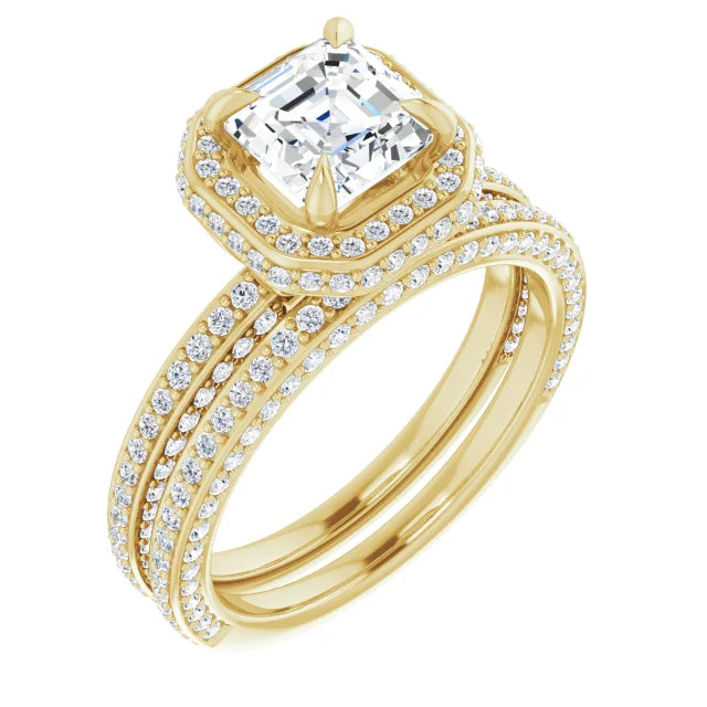 Asscher Yellow Gold Halo Pave Style Lab Diamond Engagement Ring
