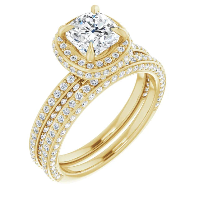 Cushion Yellow Gold Halo Pave Style Lab Diamond Engagement Ring