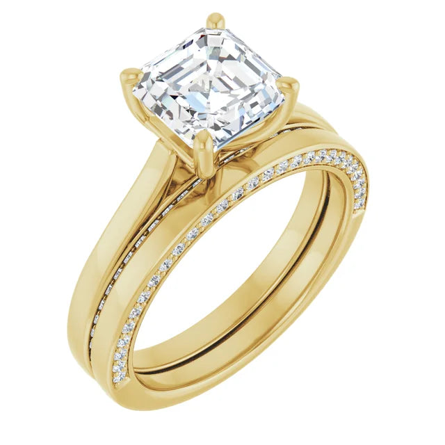 Asscher Yellow Gold Solitaire & Hidden Diamond Band Engagement Ring