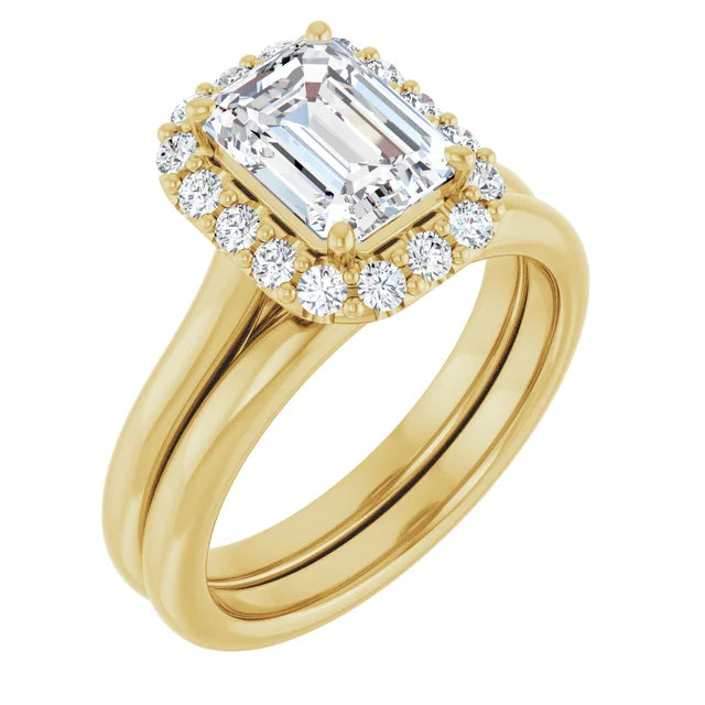 Emerald Halo Solitaire Yellow Gold Lab Diamond Engagement Ring