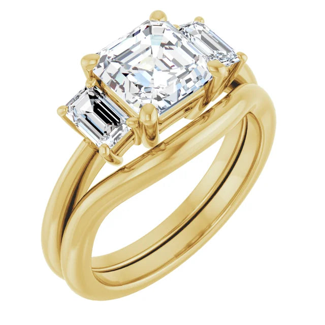 Asscher Yellow Gold Tri Stone Lab Diamond Engagement Ring
