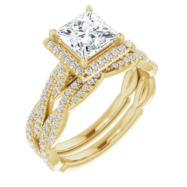Princess Yellow Gold Halo Twist Pave Moissanite Engagement Ring
